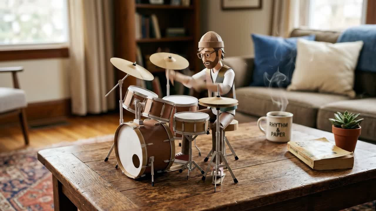 Personaggio animato in stop motion che suona una batteria in miniatura.