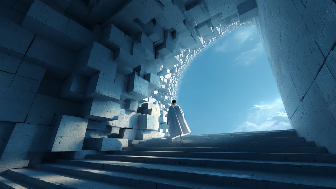 A solitary figure ascends the grand staircase towards a surreal portal of light, framed by abstract structures, embodying a journey of exploration and transcendence through dimensions