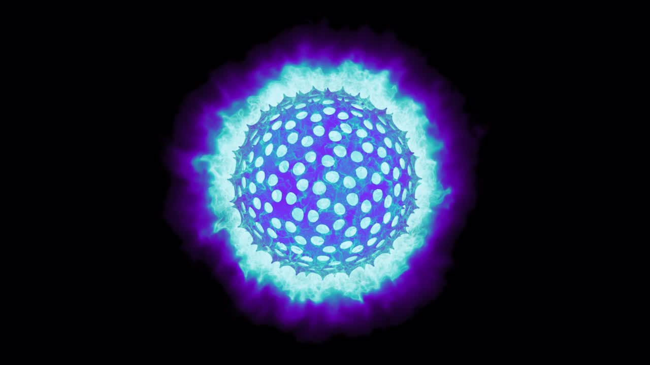 Sfera futuristica con plasma energetico al neon incandescente che ruota su sfondo trasparente.