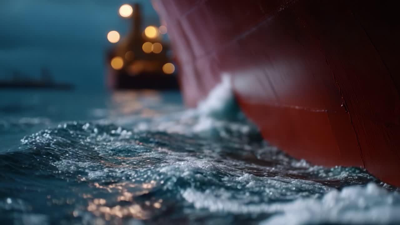 Close-up of a massive ship's hull slicing through water. Waves splash and shimmer under golden lights. Bokeh lights glow softly in background. Captures powerful motion and dramatic maritime energy