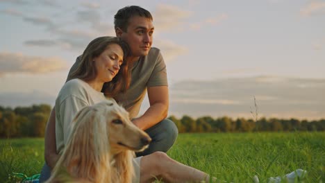 couple and dog enjoying a sunset in a field