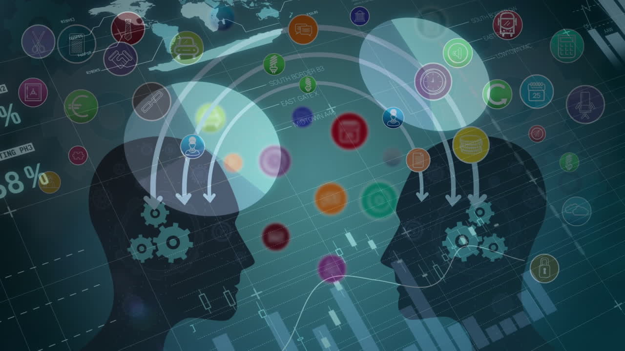 그래프와 함께 배경에 다양한 데이터, 기어 및 머리의 애니메이션