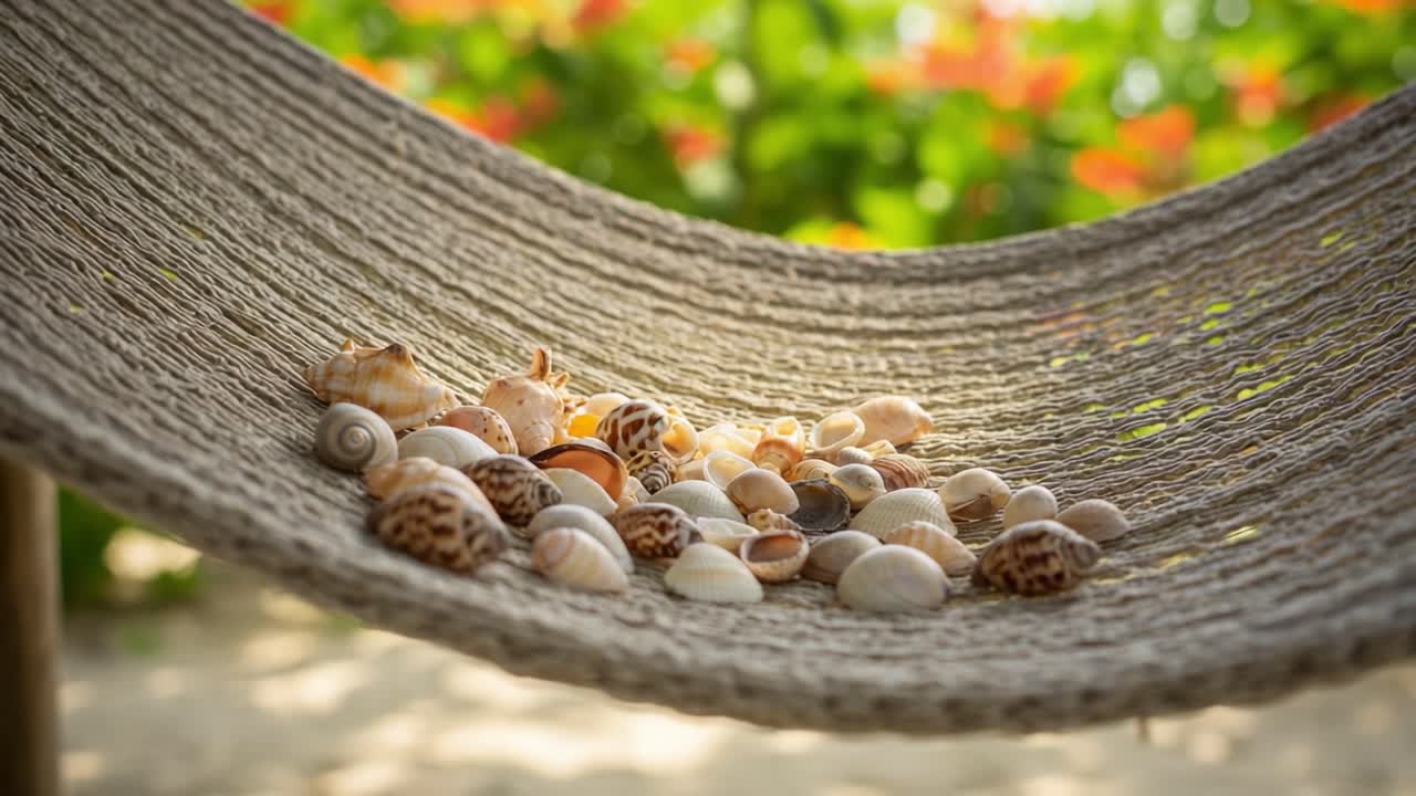 A Tranquil Display of Seashells Resting on a Hammock Surrounded by Vibrant Foliage, Capturing the Essence of Coastal Serenity and Natural Beauty
