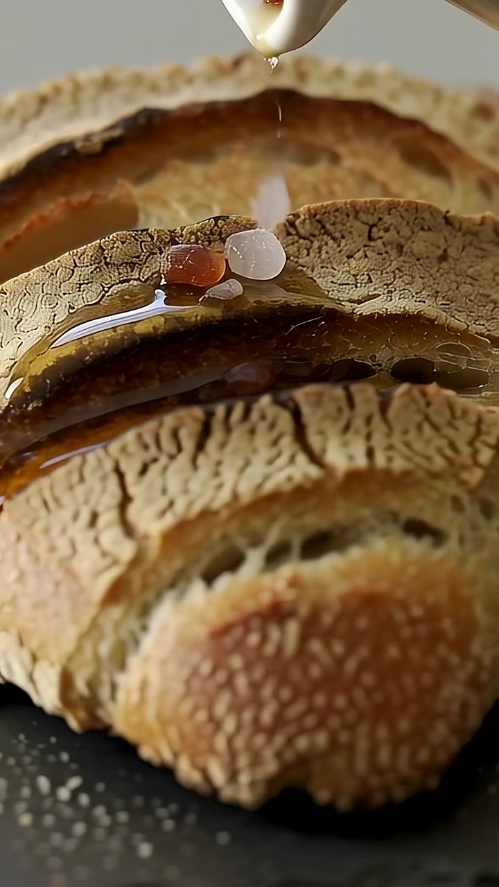 Vertical video: Drizzling syrup from spoon coating sliced loaf on slate while adding salt crystals