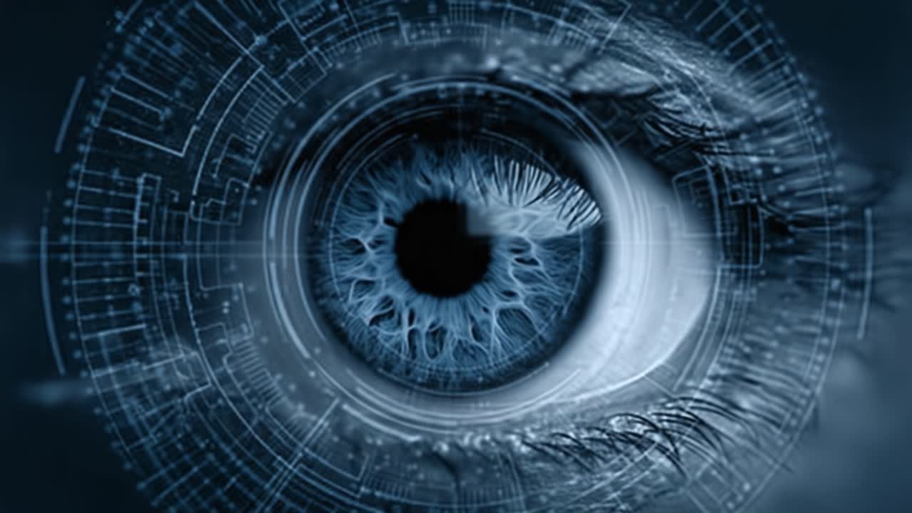 Primo Piano di un Occhio Futuristico con Motivi Digitali che Rappresentano Tecnologie di Visione Avanzate e Interfacce Neurali in un Contesto High-Tech.