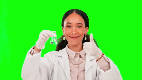 Science,-thumbs-up-and-a-woman-mixing-on-a-green