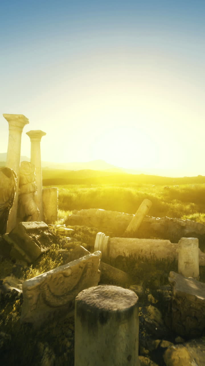 Ruins of ancient columns under a bright sunrise in a lush valley