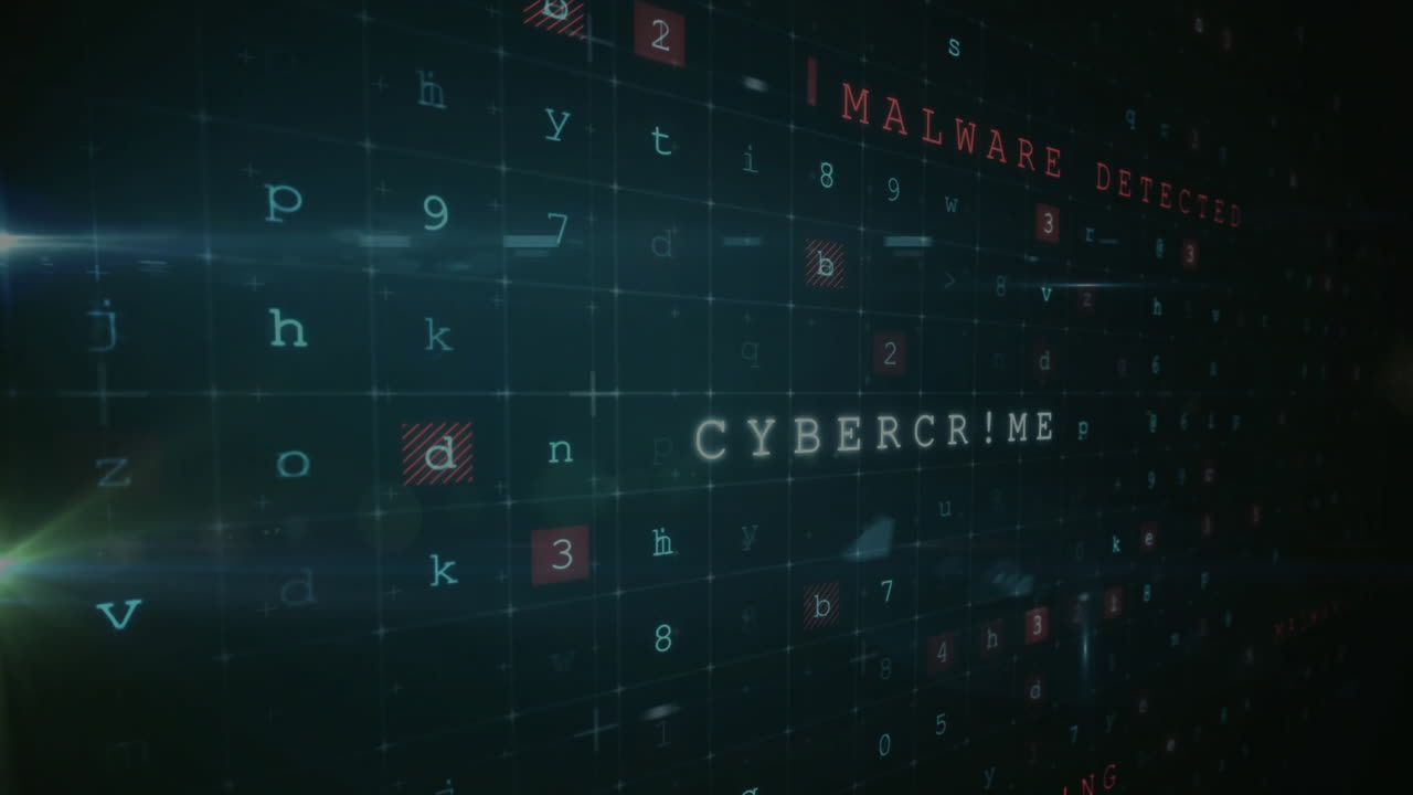 animación del texto de advertencia de virus y procesamiento de datos sobre un fondo oscuro