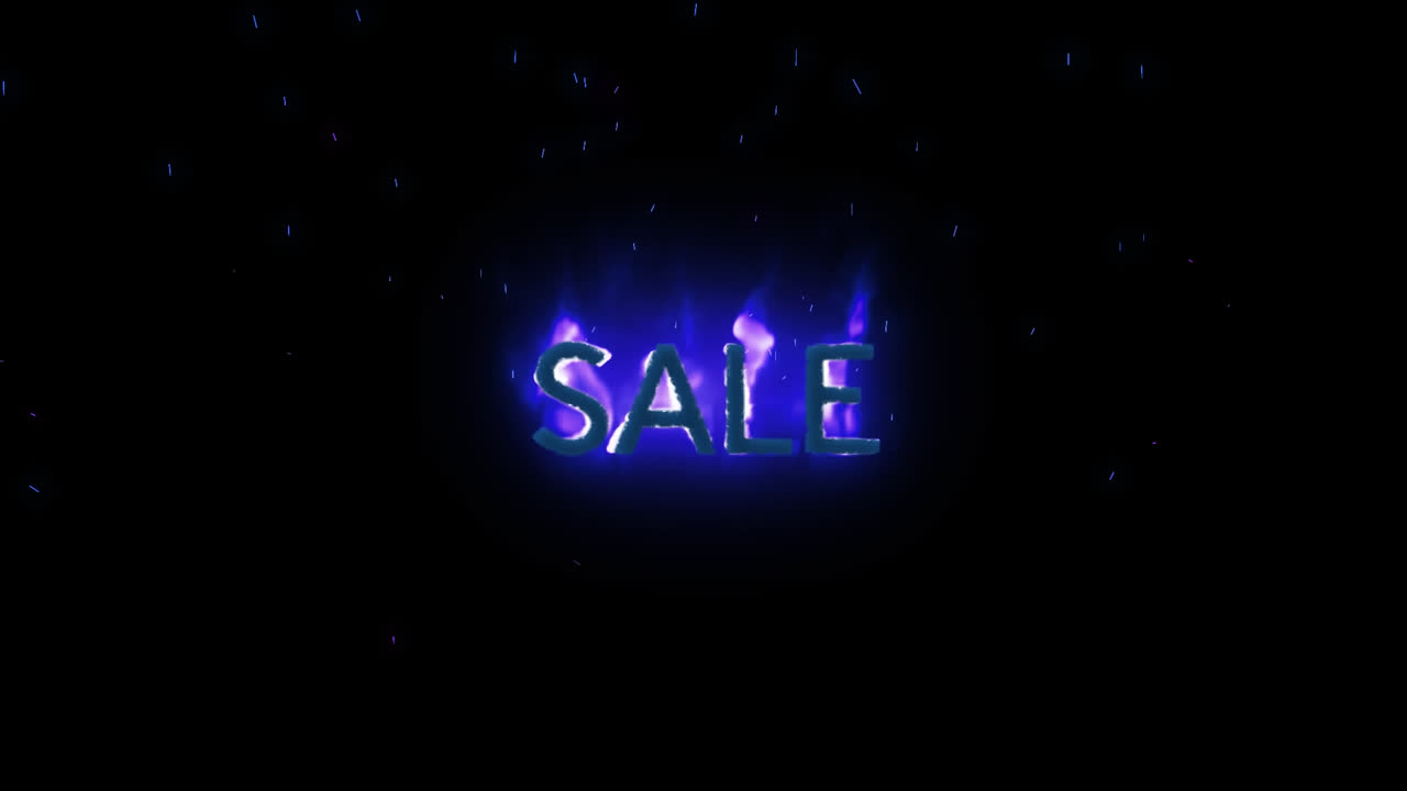 Animation of sale text in burning flames over dark background