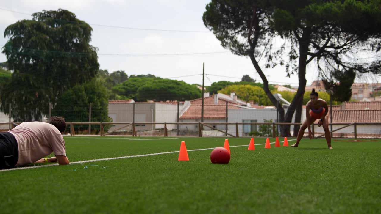Fitness training on grass field