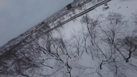 leafless trees at winter in the monument to sir george-étienne cartier in mount royal park in montreal, quebec, canada. fpv shot