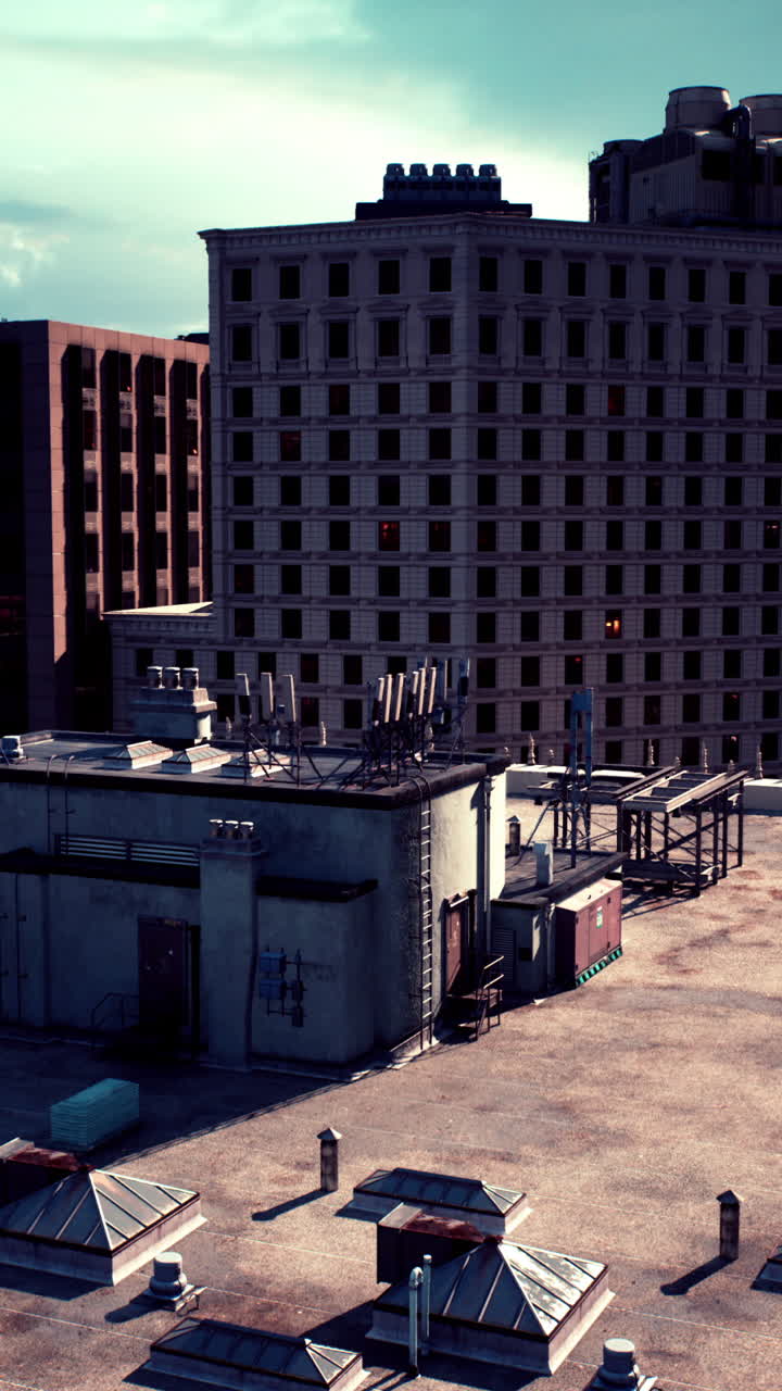 una vista del techo de una ciudad con edificios y una claraboya