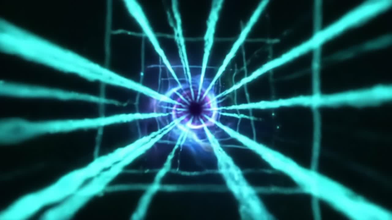 A mesmerizing visual display of vibrant blue energy radiating from a central point, creating an intricate web of light patterns reminiscent of digital artistry