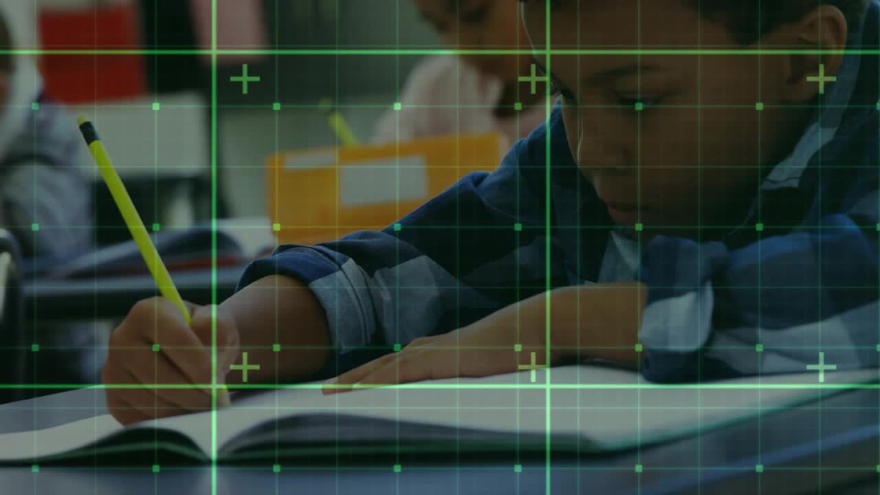 Student hands writing notebook, pencil touching page causing animated notes appearing for education