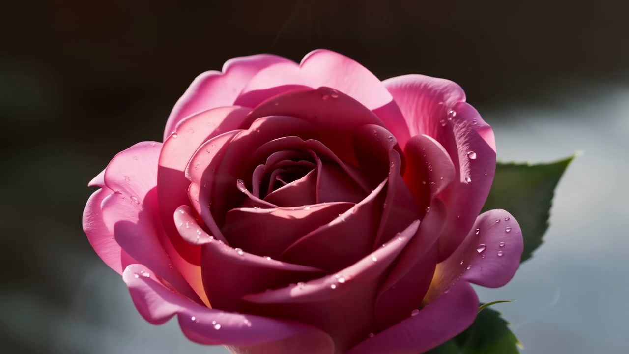 Rosa rosa en flor con gotas de rocío en pétalos redondeados, capturada con enfoque suave y un delicado desenfoque, textura brillante, color fresco de jardín y elegante detalle floral para conceptos de belleza