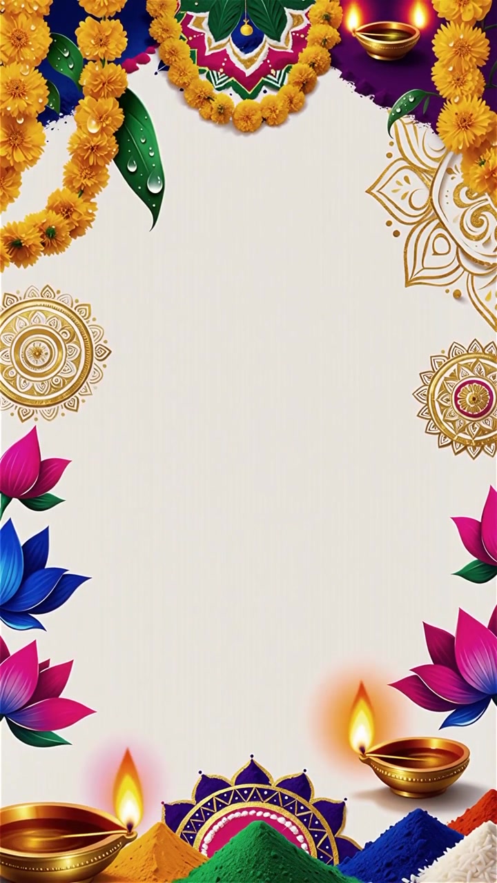Sfondo Diwali con Diyas luminosi, Rangoli e fiori di loto