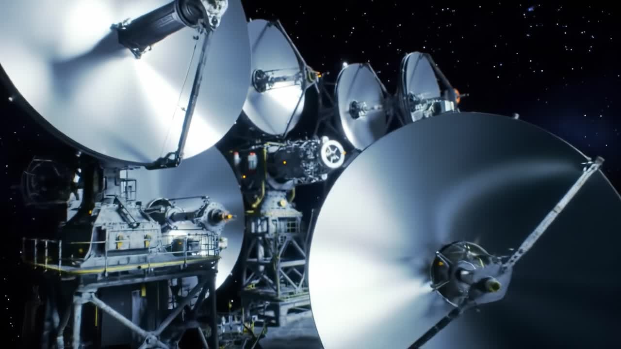 Advanced satellite dishes are prepared for a deep space mission, showcasing their impressive size and design against a backdrop of stars. This setup highlights cutting-edge space exploration efforts.