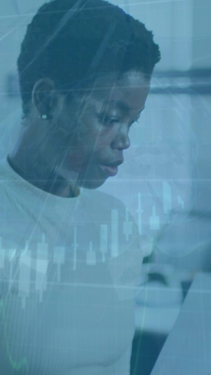 Animation of data processing over african american woman in office