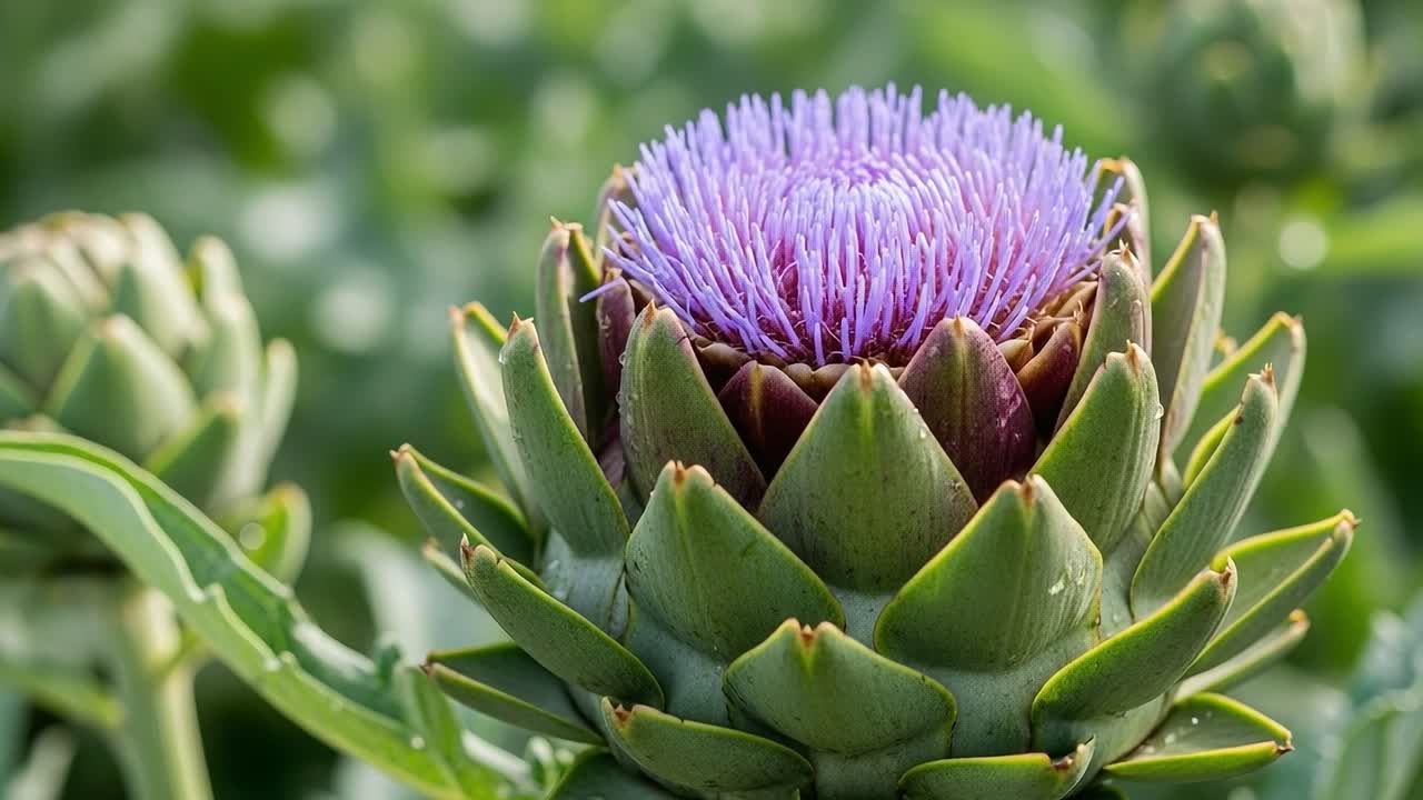 A Stunning Close-Up of a Beautiful Artichoke Flower Bloom Revealing Its Vibrant Purple Petals Surrounded by Green Foliage in a Lush Garden Environment