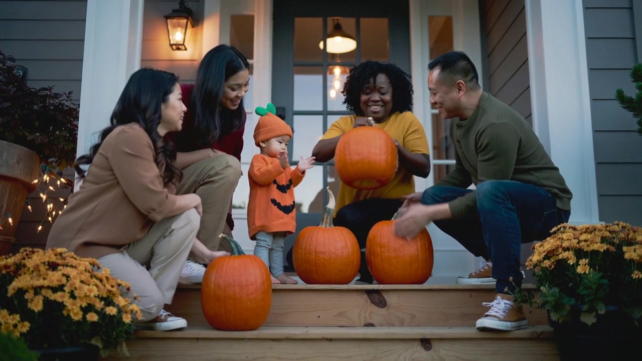 Shifting family moving pumpkins on front steps as tot reaching in pumpkin hat lifting lid checking