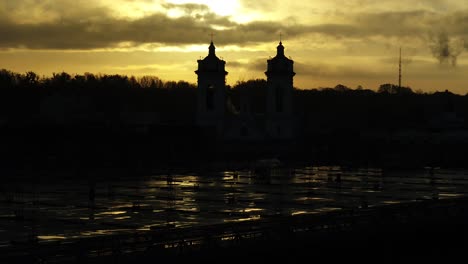 drone aerial view of church towers in kaunas, lithuania