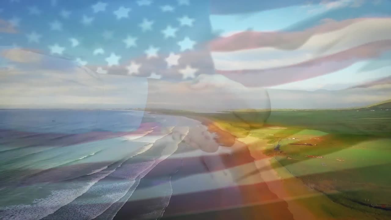 미국 국기가 해변 풍경 위에서 날아다니는 애니메이션