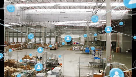 animating network connections over large warehouse with various equipment and supplies