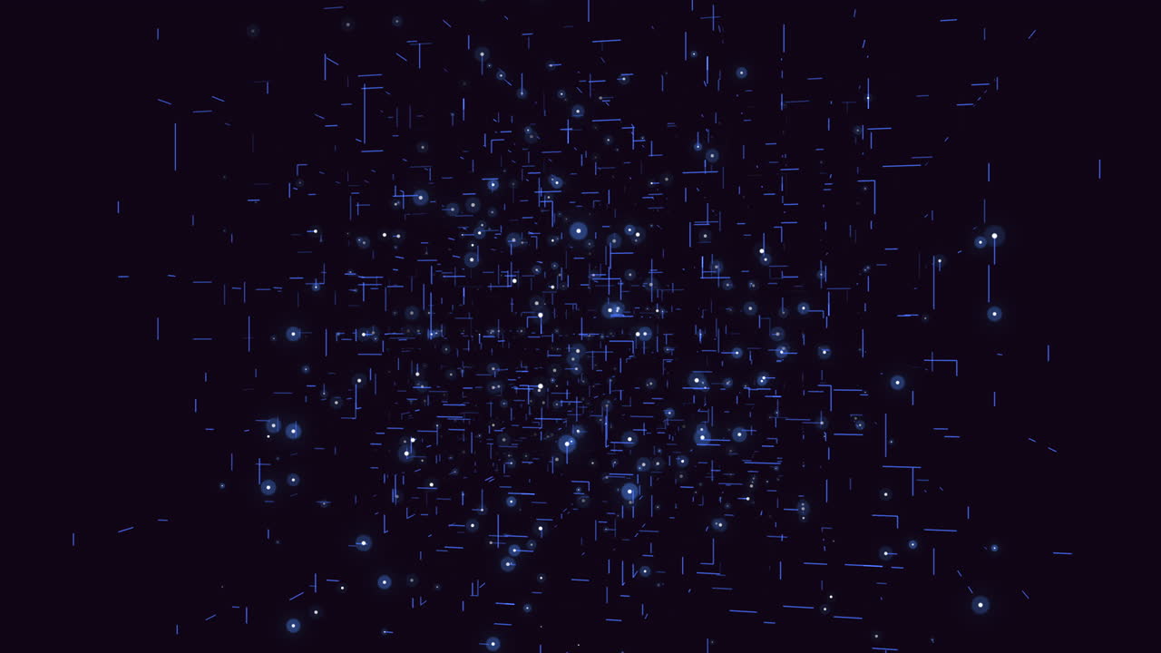 futuristická matrixová kostka s modrou mřížkou a tečkami v galaxii