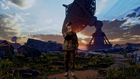 full body of asian man soldier thinking about something and looking around while standing with satellite dish