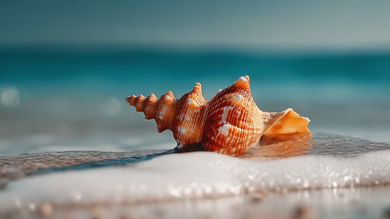 Captivating Close-up of a Beautiful Shell on the Beach with Gentle Waves Creating a Natural Backdrop, Showcasing Intricate Patterns and Textures against a Serene Ocean View