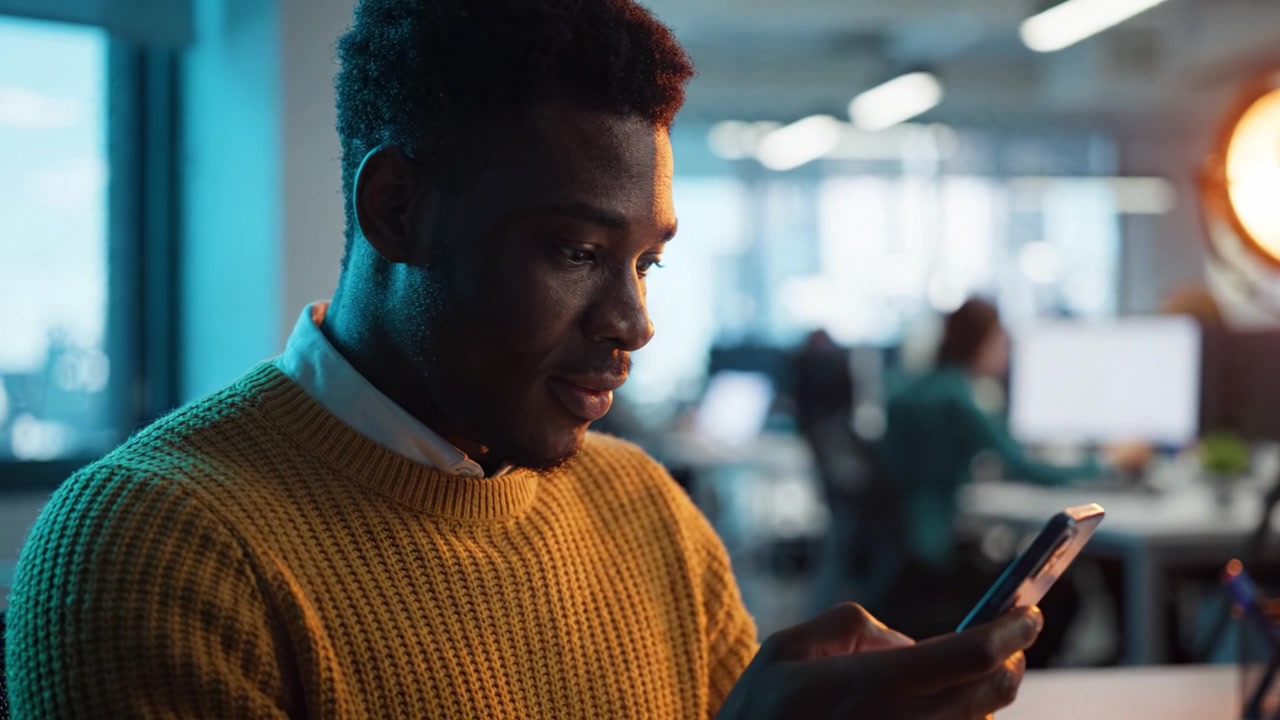 A Focused Individual Engaging with a Smartphone Amidst a Modern Office Environment in Two Contrasting Frames that Capture the Essence of Technology and Productivity