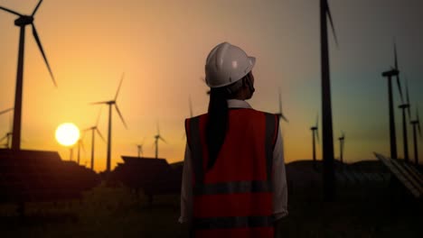 back view of female engineer in a helmet standing in front of wind turbines rotating at sunset, looking around and shaking her head