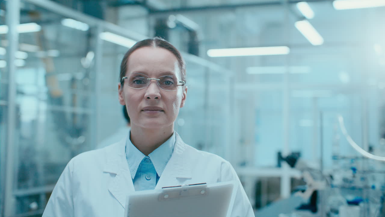 Retrato de Cientista Mulher Experiente Segurando Prancheta em Laboratório