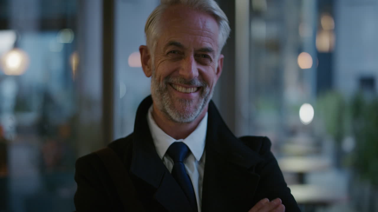 retrato exitoso hombre de negocios maduro sonriendo brazos cruzados ejecutivo disfrutando del éxito de la carrera profesional empresario caucásico sénior a finales de la noche urbana ambición de liderazgo en cámara lenta