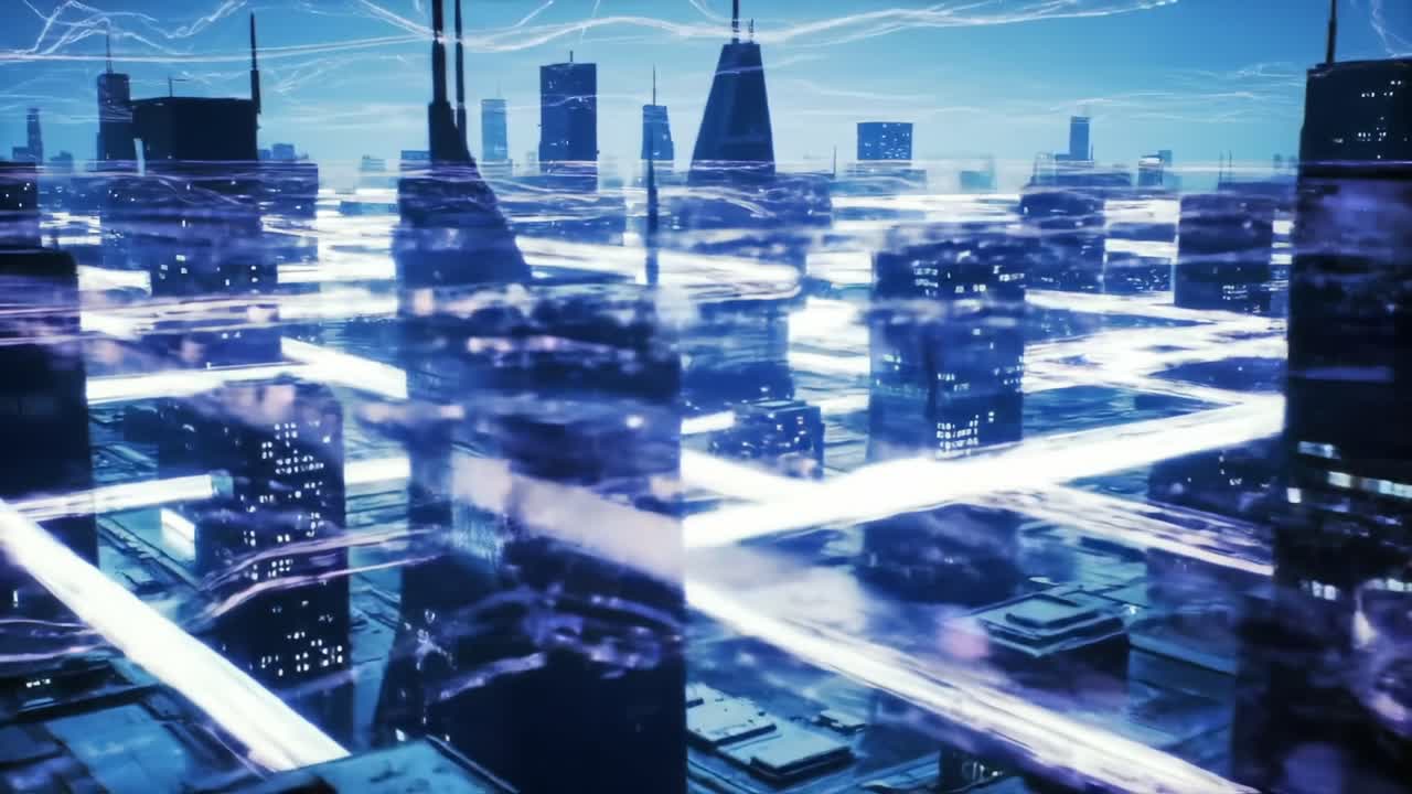 Dynamic Urban Landscape with Neon Light Trails Illustrating Advanced Connectivity and Energy Flow in a Futuristic Cityscape at Dusk