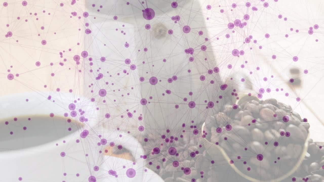 Network overlay animating over coffee scene, showing purple nodes floating above moka pot cup beans