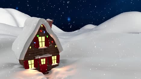 Animación-Digital-De-Una-Casa-En-Un-Paisaje-Invernal-Contra-Una-Estrella-Brillante-En-El-Cielo-Nocturno