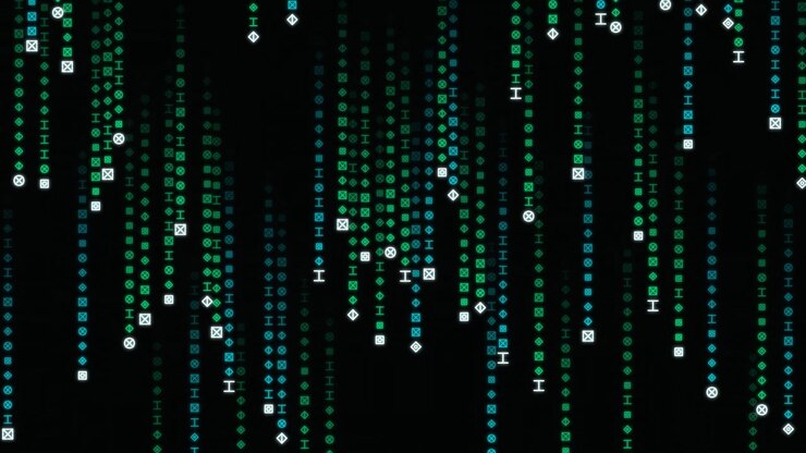 Digital Matrix Rain With Falling Green and White Symbols