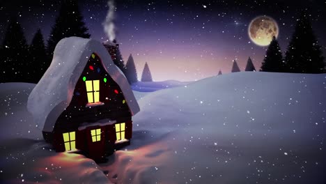 Schnee-Fällt-über-Schneebedecktes-Haus-In-Der-Winterlandschaft-Vor-Dem-Nachthimmel