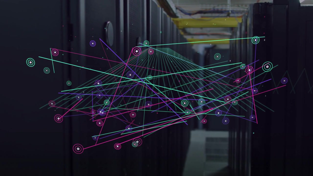 Faint wireframe forming over data center aisle, 3D network overlay expanding, mapping rack links