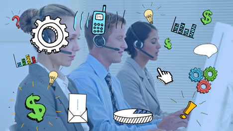 business concept icons over team of customer care executives wearing phone headset working at office