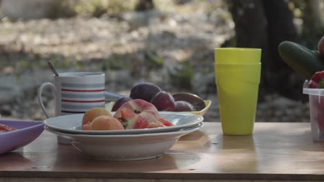 female hands cutting tomato on a table with fruits and vegetables, pan left, slow motion