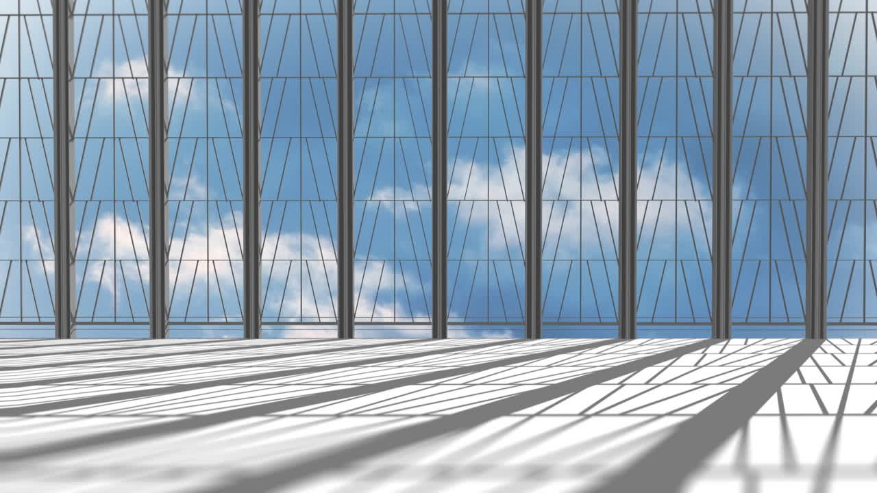 Animation of interiors with windows and clouds on blue sky