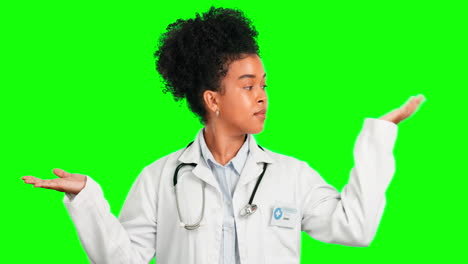 Choice,-doctor-and-confused-with-woman-on-green