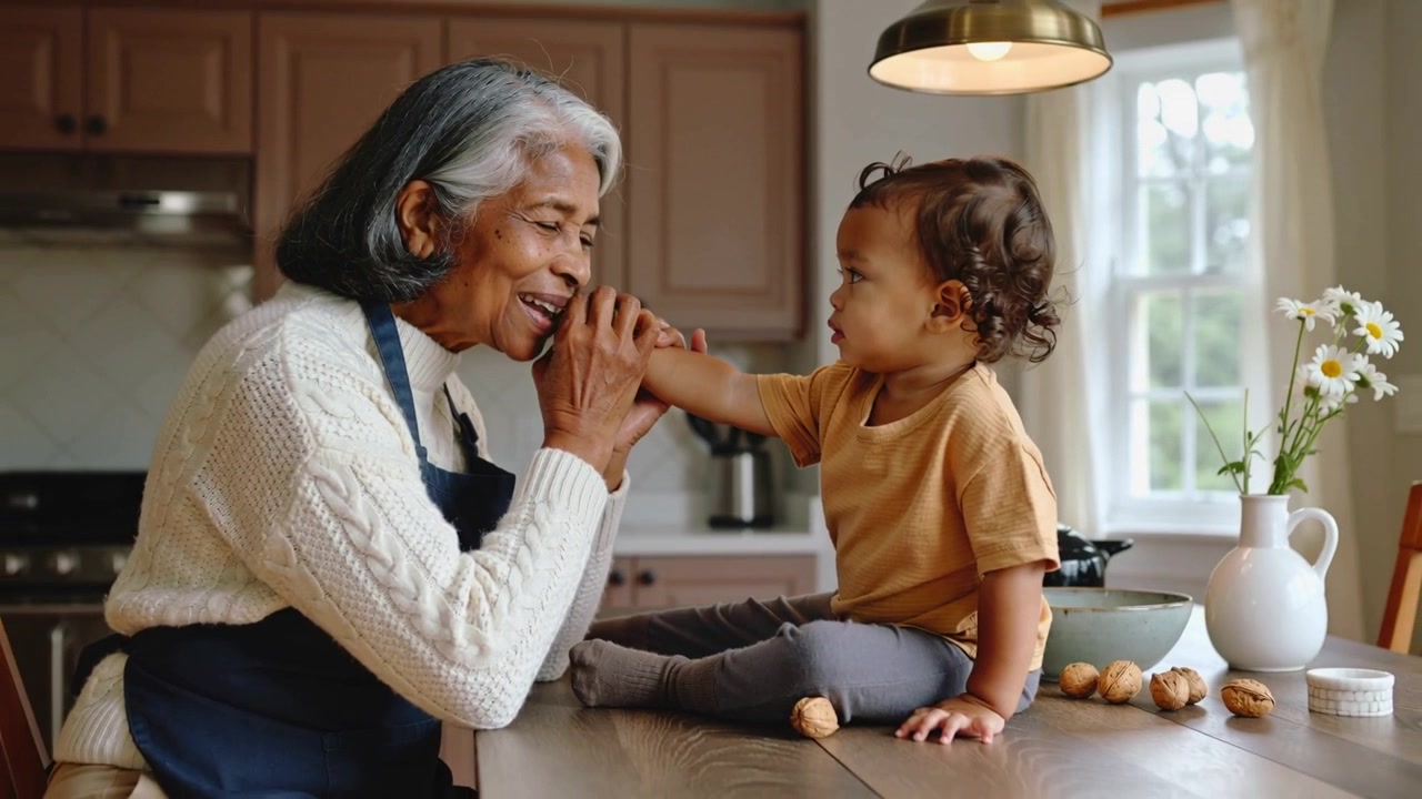 Lifting toddler wrist after child seated on kitchen counter by nuts, grandma in knit sweater caring