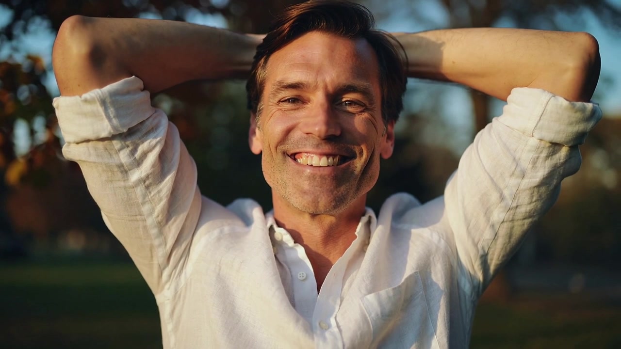 Un uomo adulto sorridente che alza e arrotola le maniche della camicia bianca, mettendo le mani dietro la testa, mentre si rilassa nel parco.