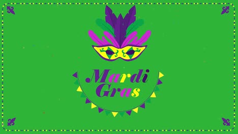 animación de máscaras de fiesta con texto de mardi gras