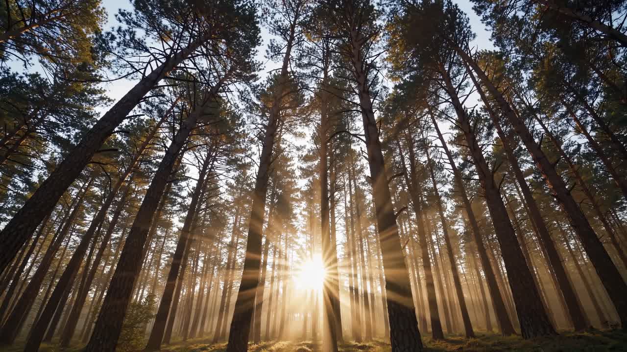 Sunlight filters through tall pine trees in a serene forest, captured from a low angle