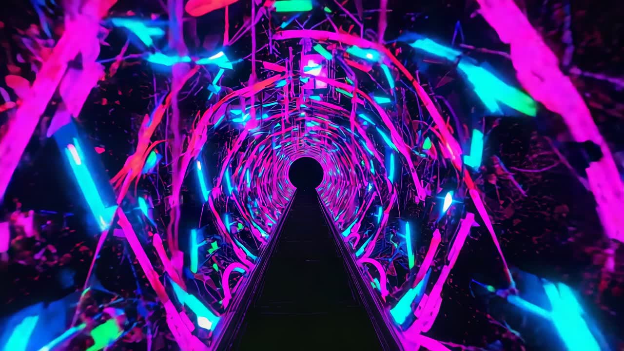 Rotating neon tunnel pulsing along triangular pathway at animation start, with cyan-green fragments