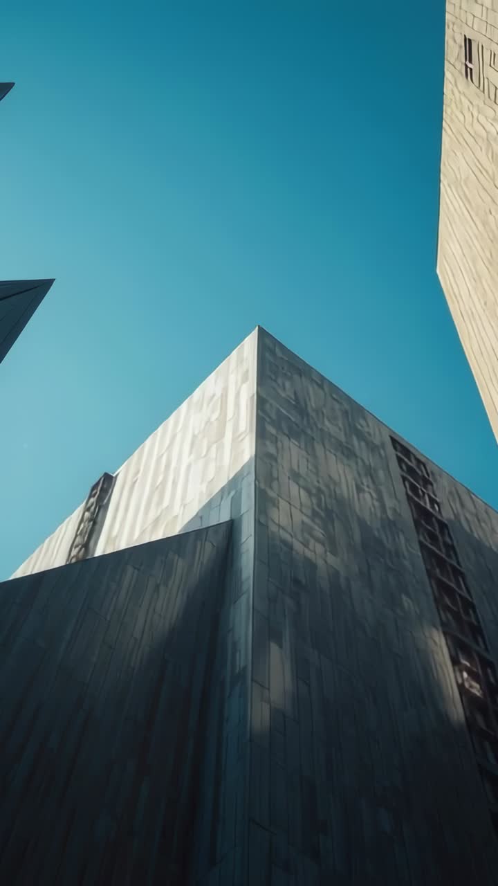 Vertical video: Camera tilting apex then facade in urban canyon on sequence start, exposing windows